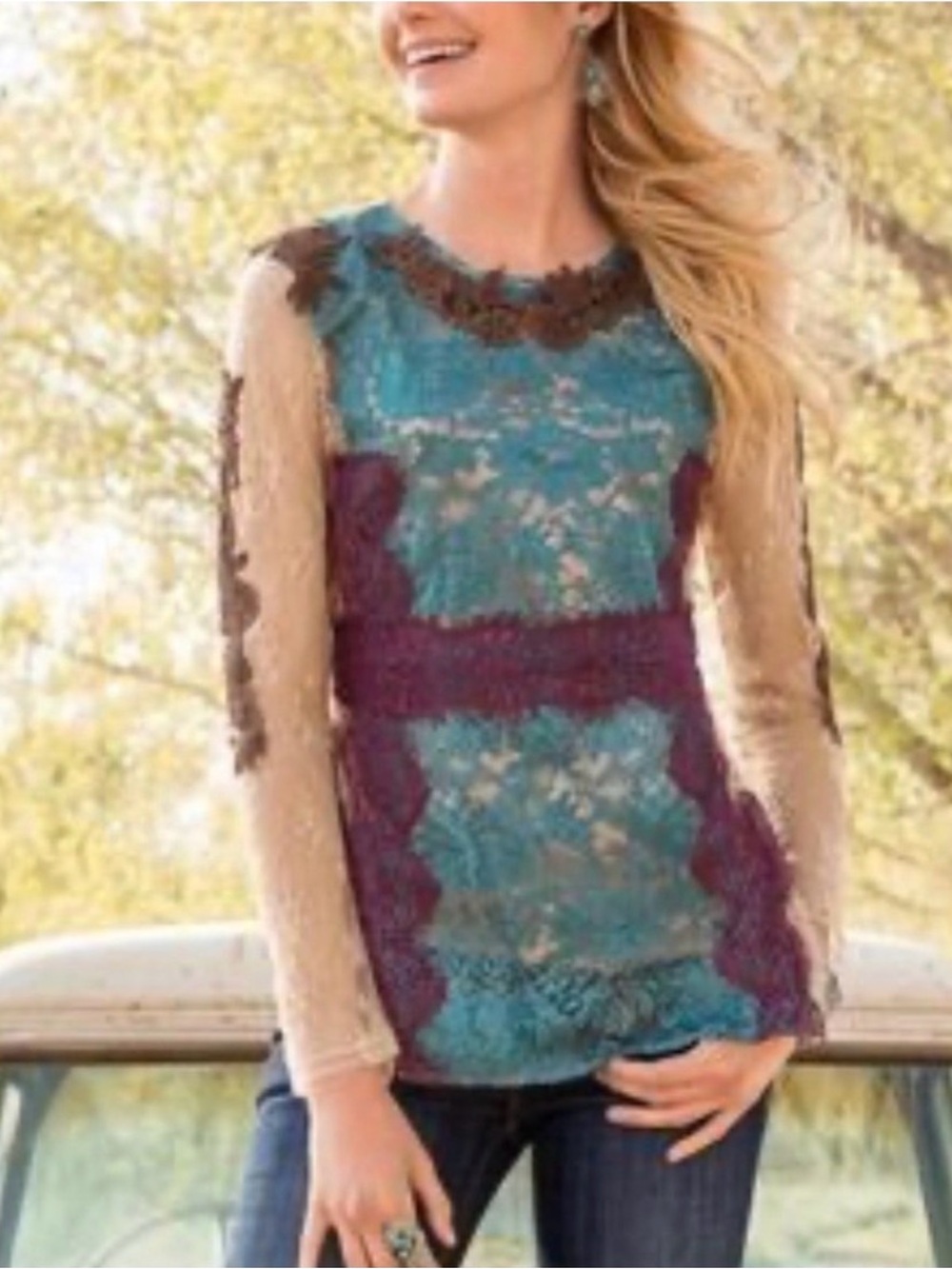 Sundance Teal, Burgundy & Cream Lace Patchwork Top
